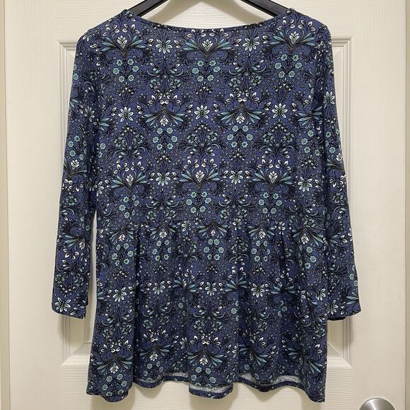 J.Jill Casual Top Ornate Floral Blue‎ Turquoise Boho 3/4 Sleeve Peplum Medium - Picture 3 of 13